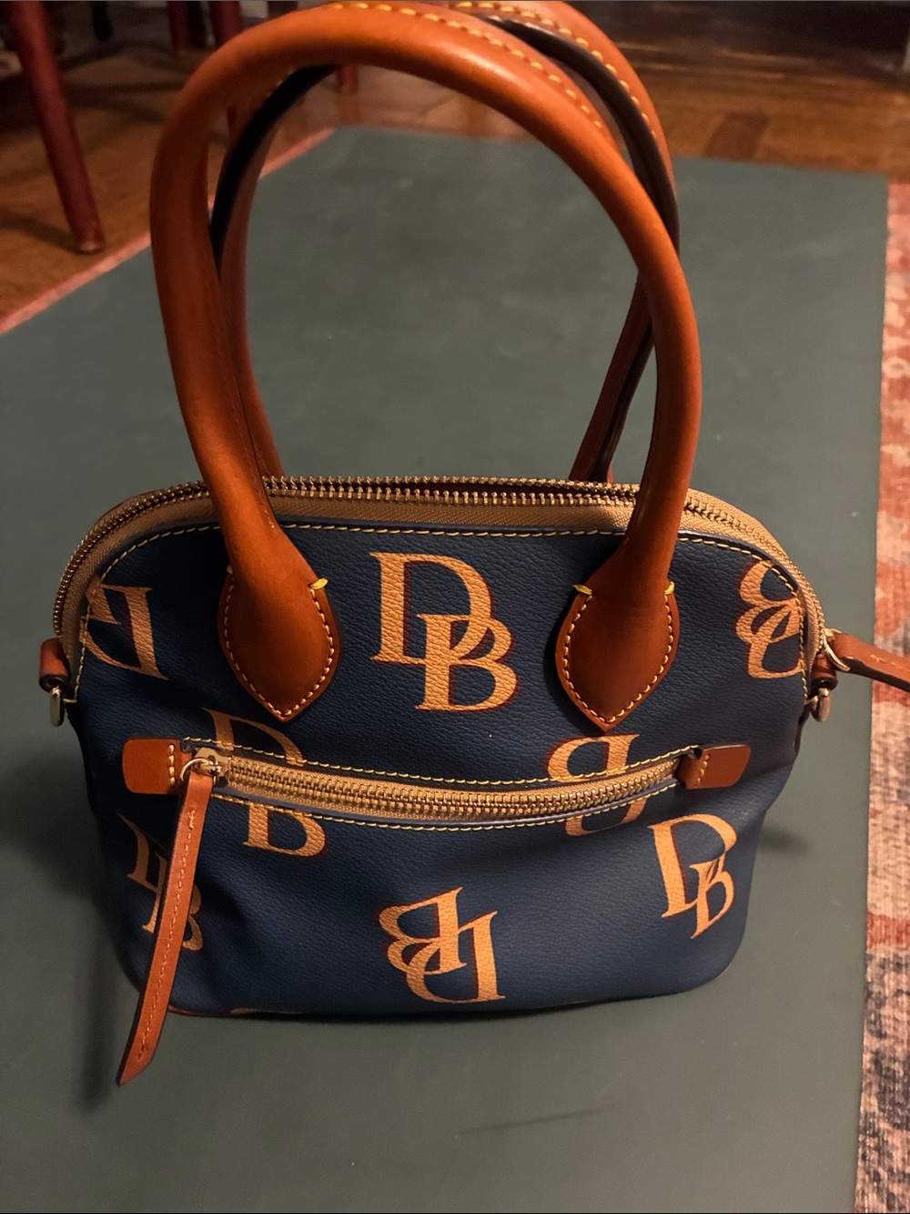 Dooney & Bourke Navy DB Monogram Domed Satchel Tan Leather Y2K